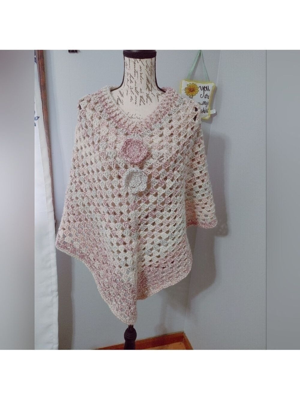 Handmade Crocheted Acrylic/Wool Granny Stitch Poncho with flower detail